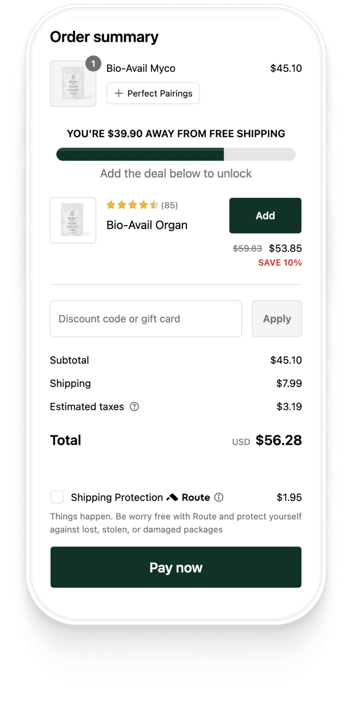 Mobile checkout screen showing an order summary with a free-shipping progress bar and an upsell offer for Bio-Avail Organ.